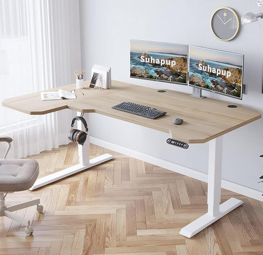 Electric Height Adjustable Standing Desk, Sit - Stand Desk for Work or Home Office Push Button Memory Settings Splice Board (Light Oak, 59x24)