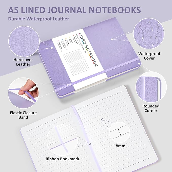Lined Journal Notebook for Women Men, 200 Pages A5 Hardcover Leather Journals for Writing,Travel,School,Office,Work,Business,College Ruled Notebooks for Note Taking, Diary Notepad 5.7"×8.3"(Purple)