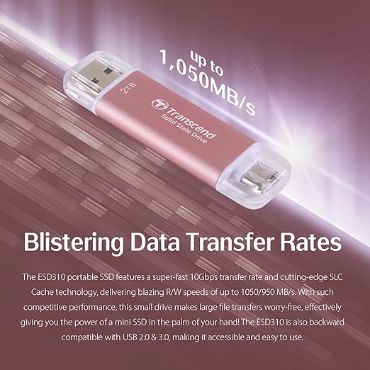 Transcend 1TB External SSD, Up to 1,050MB/s, USB 3.2 Gen 2 Portable SSD, 2-in-1 Type C &Type A, USB Hard Drive for Steam Deck, ROG Ally, MSI Claw, Windows&Mac, iPhone&iPad, Android, PS5&Xbox, Smart TV