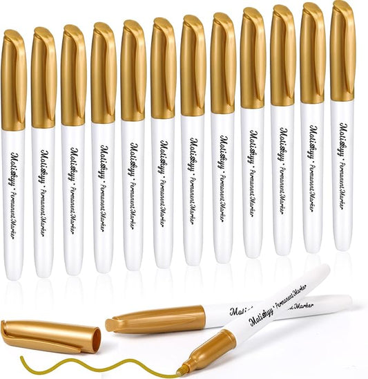 12 Pcs Metallic Permanent Markers Bulk Gold Silver Pens Fine Point Metallic Paint Markers for DIY Crafts, Gift Card Making, Artist Illustration (Gold)