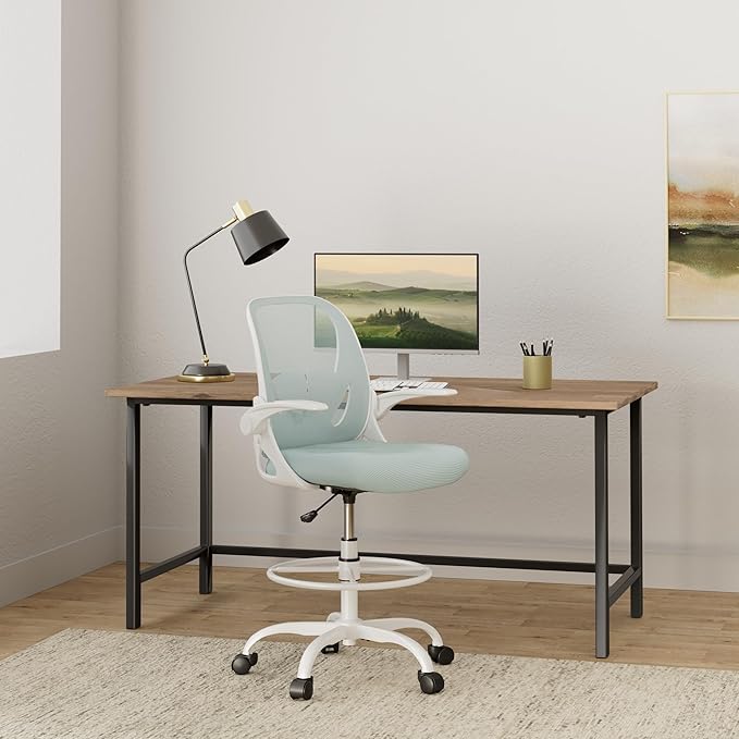 Primy Drafting Chair Tall Office Chair with Flip-up Armrests Executive Ergonomic Computer Standing Desk Chair with Lumbar Support and Adjustable Footrest Ring(Light Blue)