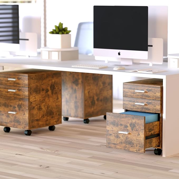 3-Drawer Mobile File Cabinet,Rustic Brown Finish with Locking Casters,Fully Assembled Storage Cabinet with Drawers for Office & Home,18.9" L x 15.75" W x 22.05" H,220 lbs Capacity