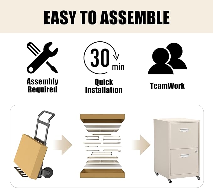 2 Drawer Mobile File Cabinet with Lock, Metal Filing Cabinets with Wheels,Rolling Storage Cabinet, Under Desk Vertical File Cabinet for Home Office, Lockable Steel Two Drawer for Letter Size, Cream