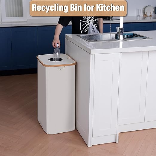 efluky Recycling Bin 100L, 26 Gallon Recycle Bins for Kitchen Indoor Outdoor Home with 2 Removeable and Reusable Inner Bag, Tall Recycle bin for Bottle Can Plastice Stickers (Beige)