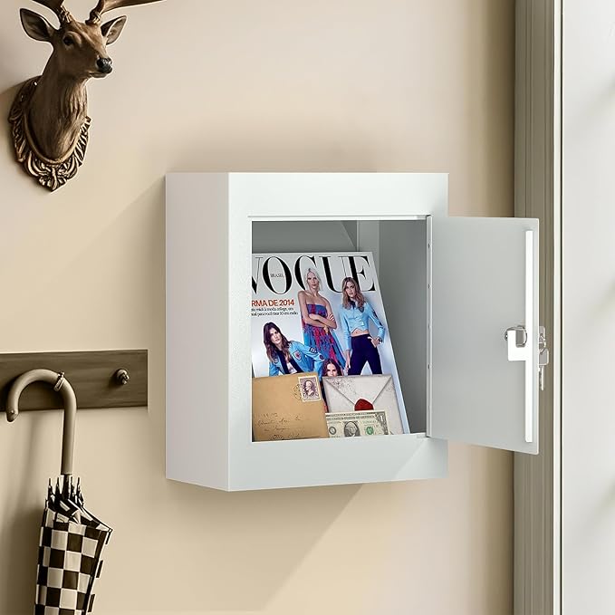 Pochar Through The Wall Drop Box with Lock - Wall Mailbox with Rainproof Cover & 10inch Adjustable Chute - Heavy Duty Locking Key Drop Box Deposit Safe for Mail, Rent, Cash, Payment (Off-White)