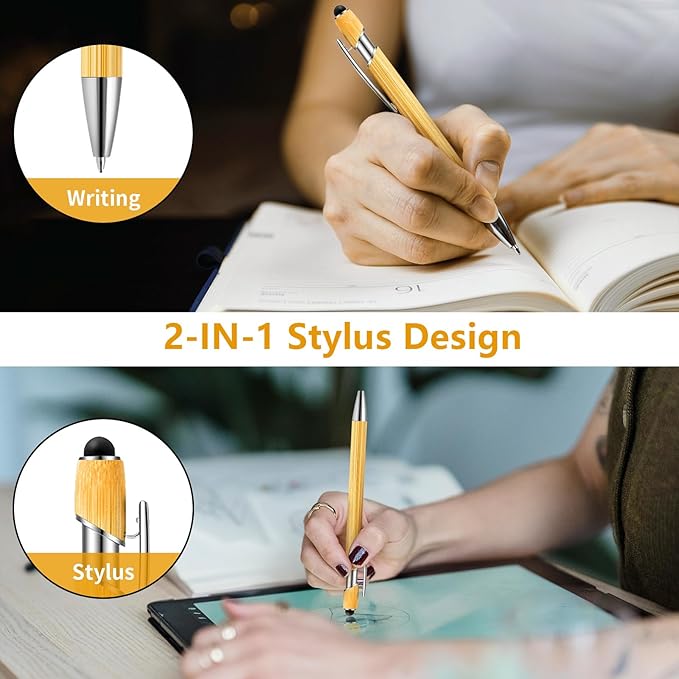 Personalized Pen Bamboo Pen with Stylus -Customizable Text Logo Name Ballpoint Pens with Black Ink-Personalized Gift Ideas for Office School Business Home(10 Count/Pack)