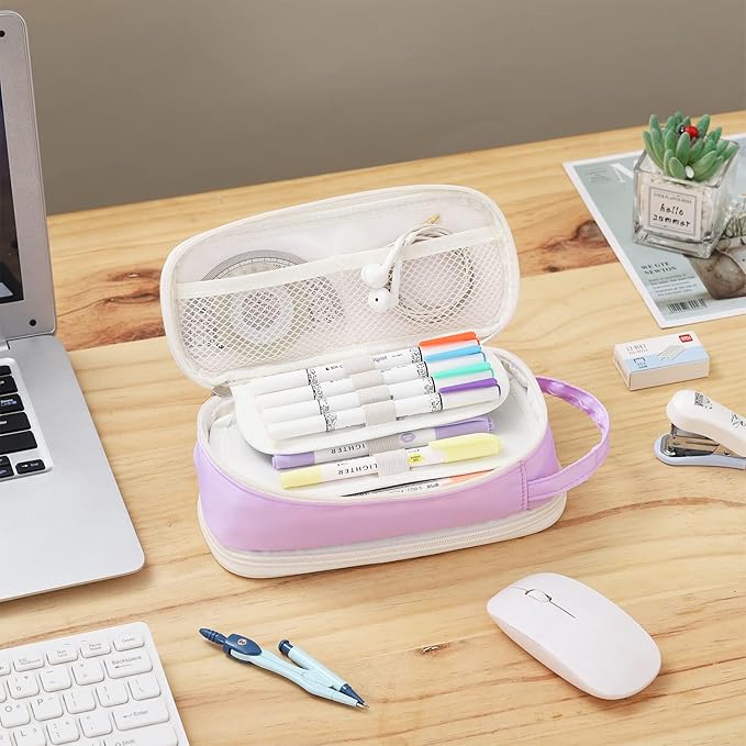 Dugio Big Pencil Case for Girls Teens Kids Zipper Pencil Pouch with Handle Organizer Pencil Bag Aesthetic Pencil Box for School Purple