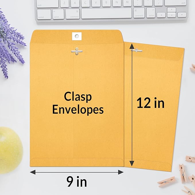 SUNEE 9x12 Clasp Envelopes 100 Count - 9x12 Inch Brown Kraft Envelopes with Clasp Closure – for Home, Office, Business, Legal or School, Great for Filing, Storing or Mailing Documents