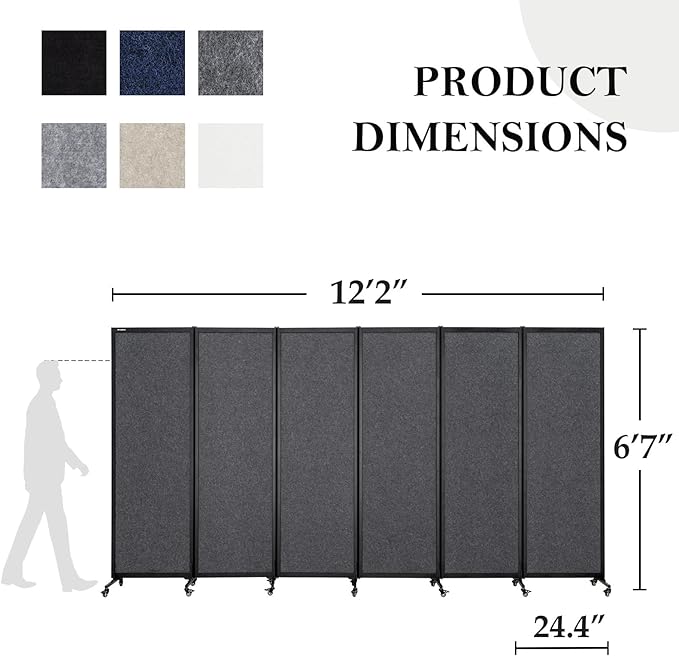 Upgrade Version Room Partition and Divider, Freestanding Rolling Dividers with Wheels,Office Privacy Screen Divider Wall,Classroom Felt Dividers,12'2"L* 6'7"H,6 Panel,Dark Grey