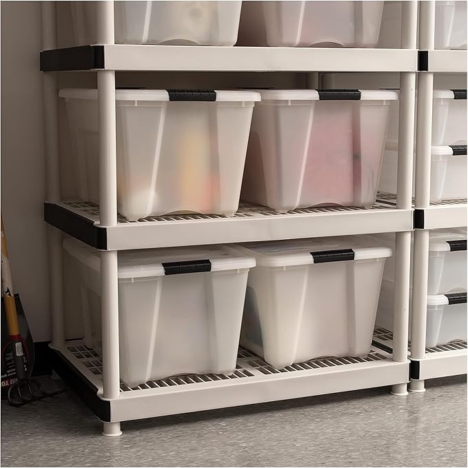 IRIS USA 54 QT Plastic Storage Box with Lid and Latches - 4 Pack - BPA-Free, Discreet Organizing Solution, Durable Nestable Stackable Containers, Secure Pull Handle - Pearl