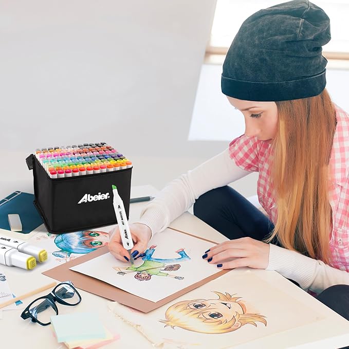 ABEIER Alcohol Markers, 168 Colors Dual Tip (Fine & Chisel) Art, Coloring Markers for Adults Kid, Ideal for Book Drawing Sketching Painting, Card Making, Includes 1 Colorless Blender