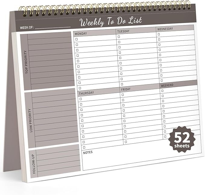 Weekly To Do List Notepad, 52 Undated Sheets (8.5"×11") Duplex-printed Weekly Planner Notepad For Work Home School Office Desk Accessories Supplies & Goal Setting Tasks - Brown
