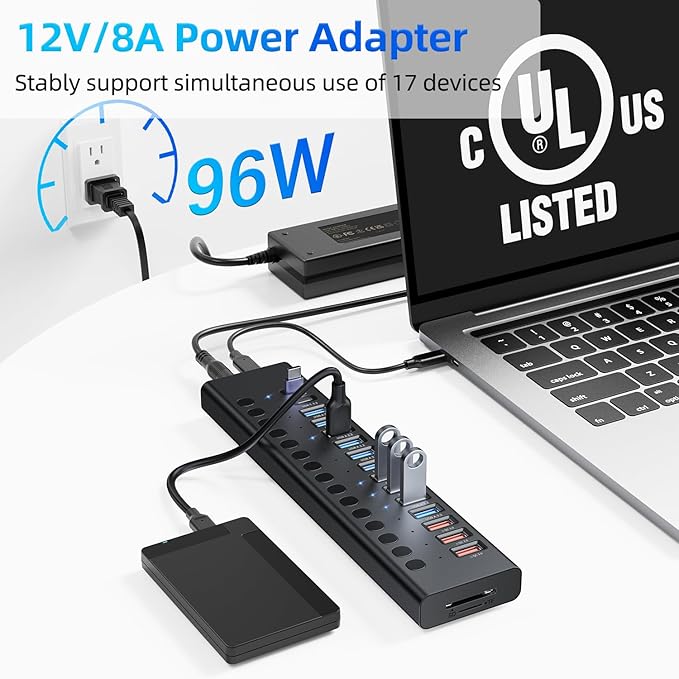 Powered USB Hub 10Gbps, 17 Ports 96W USB 3.2 Hub(10 USB-A 3.2 Ports+3 QC 24W Fast Charging Ports+2 USB-C 3.2 Ports+SD/TF Card Reader), 12V/8A Power Adapter for Laptop, PC, Computer, HDD,Flash Drive
