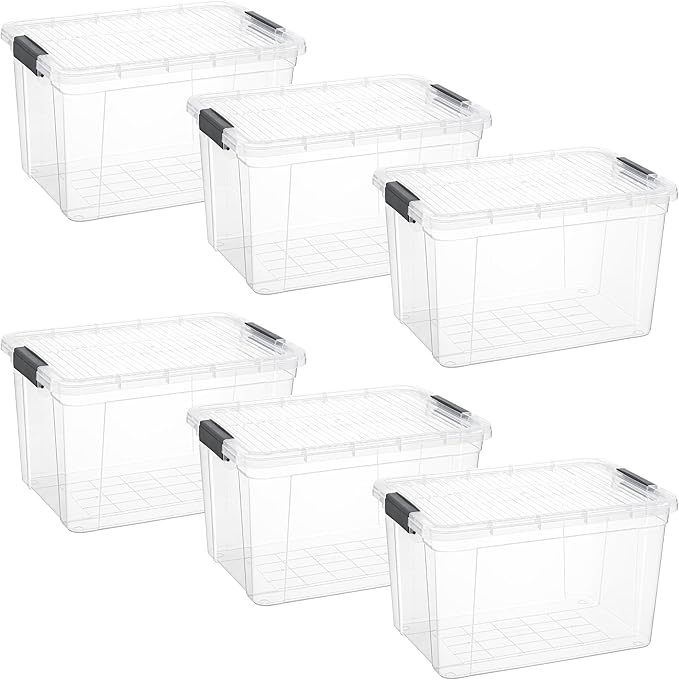 Superio Clear Storage Boxes with Lids, 26 Quart Plastic Container Bins for Organizing, Stackable Crates, BPA Free, Non Toxic, Odor Free, Organizers for Home, Office and Dorm, 6 Pack