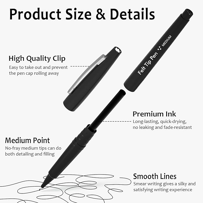Lelix Felt Tip Pens, 15 Black Pack, 0.7mm Medium Point, Felt Tip Markers Pens for Journaling, Writing, Note Taking, Planner, Perfect for School Office and Art Supplies