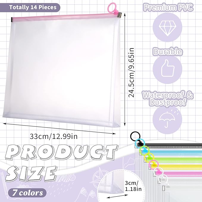 Yexiya 14 Pcs Back to School Clear Plastic Zip Envelope A4 Zipper Document Folder 13 x 9.7In File Folder Expanding Envelope Pouch for Paper Pencil Storage Office Supplies (Stylish Colors)