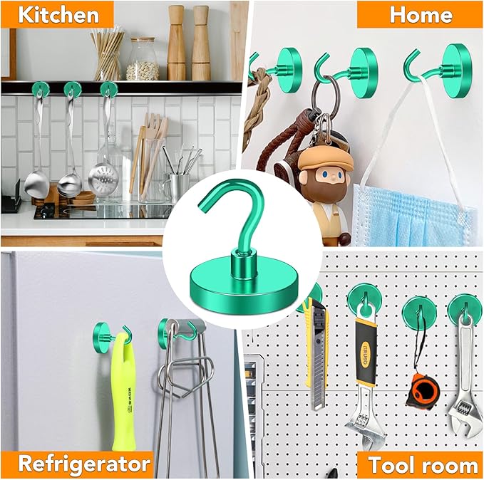MIKEDE Magnetic Hooks Heavy Duty, 170LB Strong Magnet with Hook for Fridge, Super Neodymium Extra Strength Industrial Hooks for Toolbox, Cruise, Grill(Green,10 Pack)