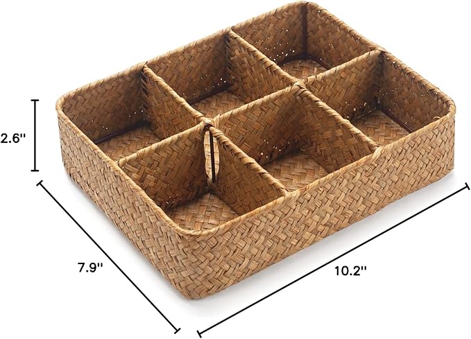Tea Bag/Sugar Packet Holder, Coffee Station Condiment Organizer, Seagrass Storage Basket, Wicker Rattan Divided Basket Organizer for Drawer/Shelf/Countertop