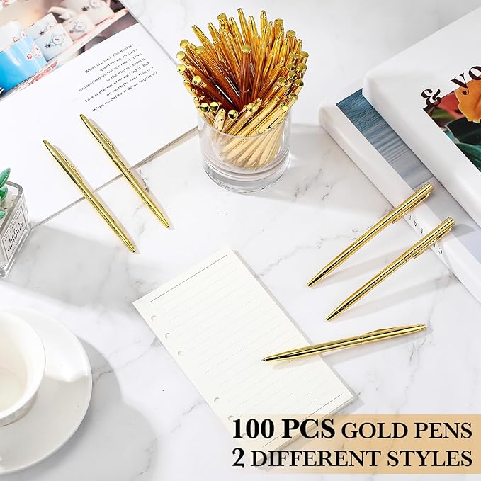 Fuutreo 100 Pack Wedding Gold Pens Bulk Gold Metal Pens Slim Ballpoint Retractable Ballpoint with Black Ink Mini Conical for Wedding Favors Guests, Office Business Teachers,1.0 mm