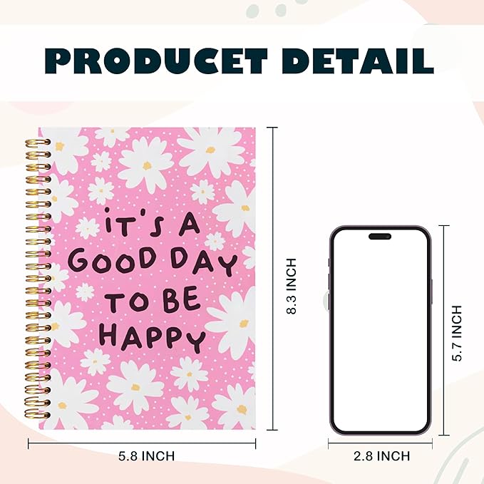 BearCake It's A Good Day To Be Happy Inspirational Notebooks, Cute Notebooks, Pink Aesthetic Notebook, Floral Notebook, Pink Office Supplies, Hardcover Spiral Notebook 5.5x8.3