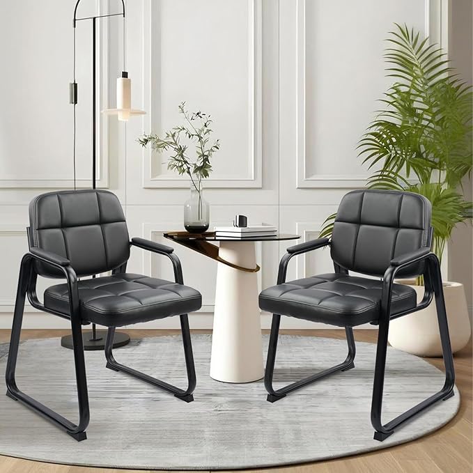 CLATINA Waiting Room Guest Chair with Bonded Leather Padded Arm Rest for Office Reception and Conference Desk Black with Sled Base 8 Pack
