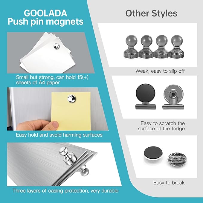 Pack of 24 Silver Magnetic Push Pins for Fridge, Whiteboard, Map, Office, DIY - Refrigerator Magnets for Locker