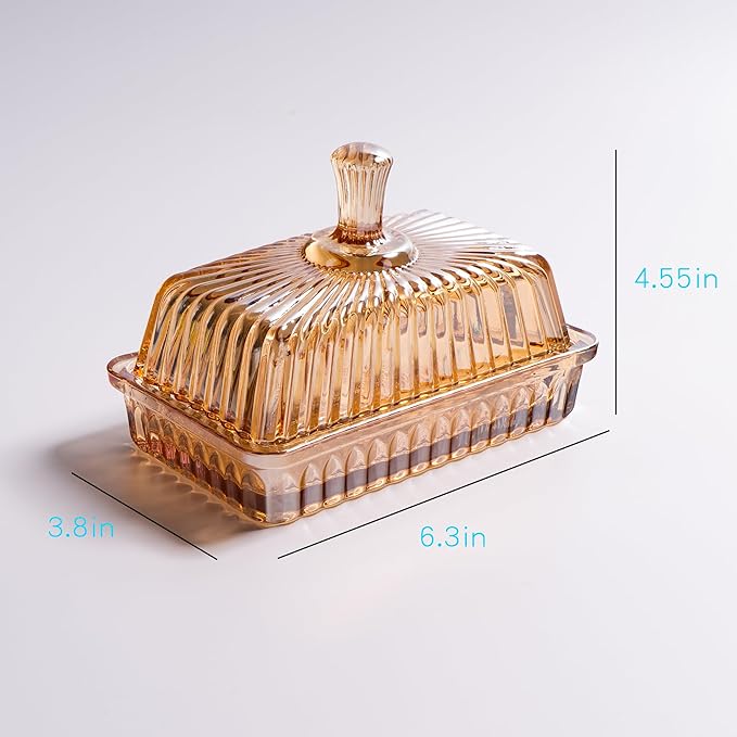 Glass Butter Dish with Lid for Countertop, Champagne Color Striped Crystal Covered Butter Holder Tray Container