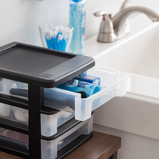 IRIS USA Plastic Stacking Desk Top 3-Drawer Storage Organizer, 4-Pack, for Makeup Vanity Nail Polish Bathroom Stationery Art Craft Supplies Kitchen Office Garage and Small Organization, Small, Black