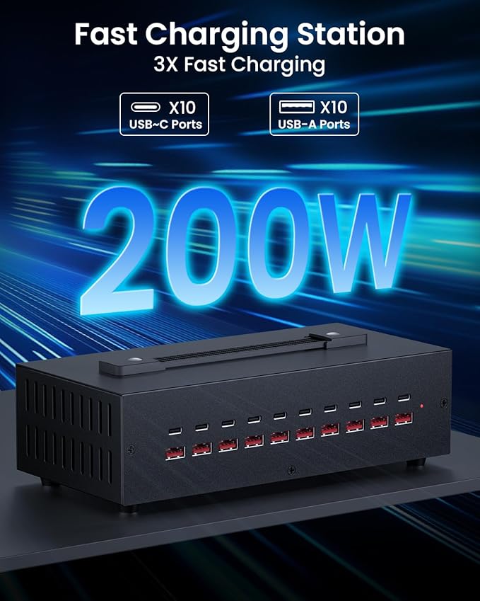 200W USB~c Charging Station, 20 Port (10 USB A & 10 USB~C Port) USB Charger Block, Fast Charging Station for Multiple Devices, Desktop Charger Compatible for iPhone, iPad, Tablets