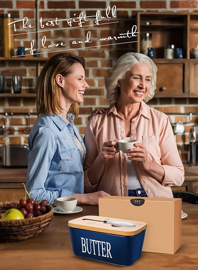 Butter Dish with Lid: Large Butter Container for Countertop - Ceramic Butter Holder for Counter - Butter Tray Butter Keeper with Knife and Sponge Scrubber - Perfect for 2 Sticks of Butter Blue