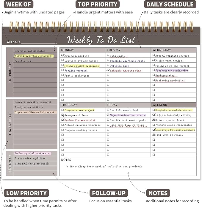 Weekly To Do List Notepad, 52 Undated Sheets (8.5"×11") Duplex-printed Weekly Planner Notepad For Work Home School Office Desk Accessories Supplies & Goal Setting Tasks - Brown