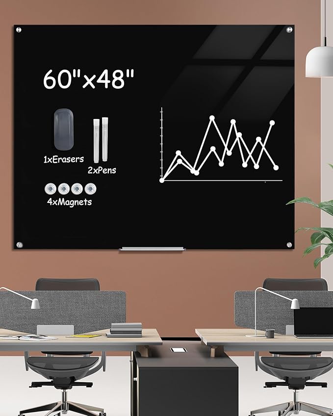 Magnetic Glass Whiteboard,60"x48" Wall Mounted Frameless Dry Erase Board for Office, Home & School Black