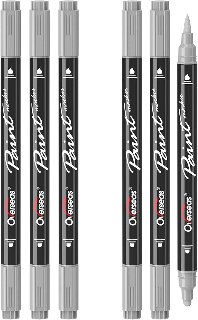Overseas Silver Acrylic Paint Markers, 6 Pack Dual Tip Paint Pens Acrylic Markers - Dot and Brush Tip Coloring Marker for Wood, Rock, Canvas, Glass, Metal, Plastic, Rubber, Fabric, School Supplies