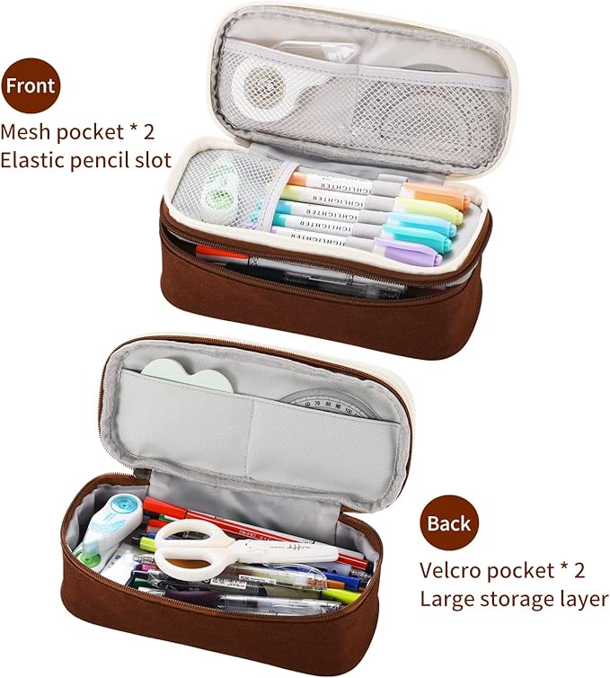 Big Pencil Case Large Capacity Pencil Bag with Zipper Pencil Pouch for Boys Girls Kids Adults Stationery Pencil Pen Case Organizer for School Office Brown1