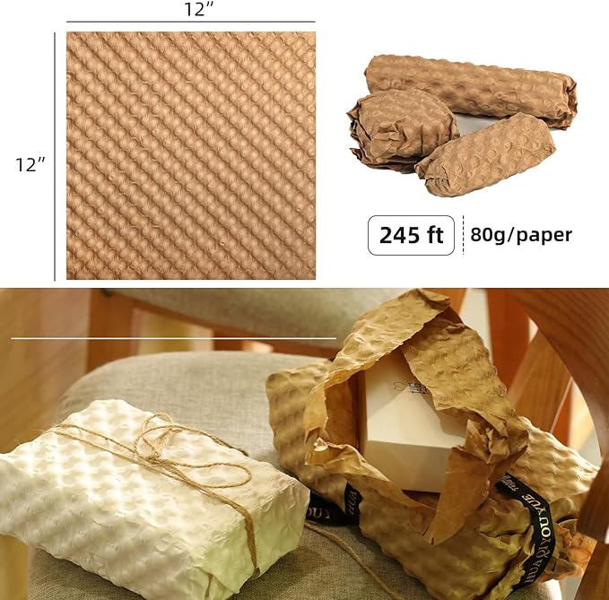 Bubble Paper Wrap 245ft*12in Packing Paper Sheets Durable Kraft Packing Paper for Moving Shipping and Storing Delicate Items Eco Friendly Packing Paper Alternative Paper Filler for Moving Boxes(Brown)