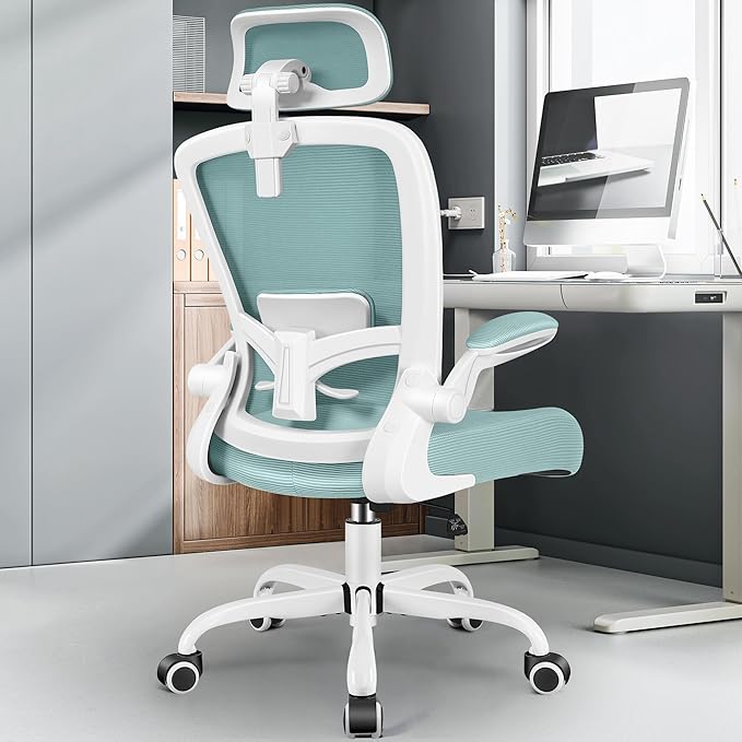 FelixKing Ergonomic Office Chair, Headrest Desk Chair Office Chair with Adjustable Lumbar Support, Home Office Swivel Task Chair with High Back and Armrest, Adjustable Height Gaming Chair(Light Blue)