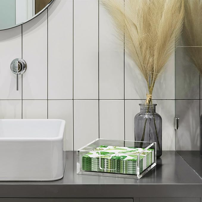 HIIMIEI Acrylic Napkin Holder for Table: Square Cocktail Napkin Dispenser, Flat Guest Towel Holder Tray, Disposable Hand Towel for Bathroom, Kitchen, Bar, Dinner, Party(Clear)