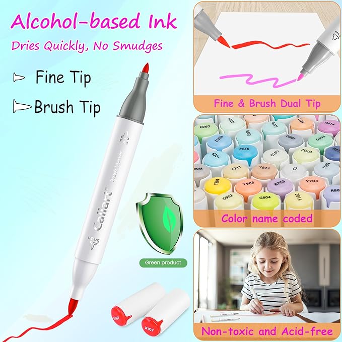 Caliart 51 Colors Brush & Fine Alcohol Markers for Adult Coloring Book, Dual Tip Artist Sketch Art Markers, Aesthetic Cute Preppy Stuff School Supplies, Pens for Lettering Drawing Cards Planner