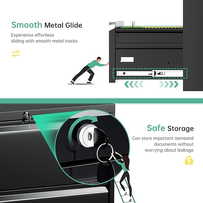 Bonusall Lateral File Cabinet with Lock, 2 Drawer Locking Lateral Filing Cabinet for Legal/Letter Size, Metal Horizontal File Organizer with Hanging Rack for Home Office, Heavy Duty, Black