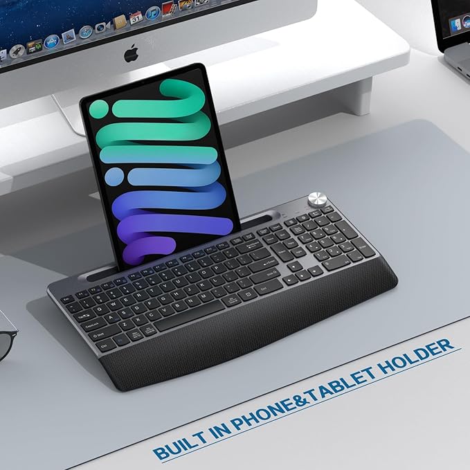 Ergonomic Wireless Keyboard with Wrist Rest-Low-Profile,Phone/Tablet Holder,Quiet Design,Windows & Mac OS,Full Size Cordless USB Computer Keyboard for Desktop,Laptop, PC, Mac, Windows-Black