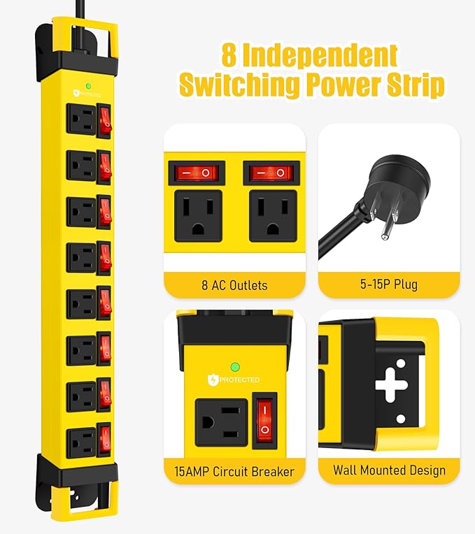 Heavy Duty Power Strip with Individual Switches,8 Outlets 14 Gauge Industrial Shop Garage Metal Multiple Outlets,1200J Surge Protector Mountable Power Strip,15FT Extension Cord Management (Yellow)