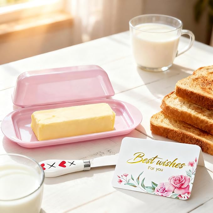 Butter Dish with Lid and Knife , Durable Countertop & Fridge Butter Keeper, Melamine Butter Container Valentine’s Gift, XOXO Design – Pink