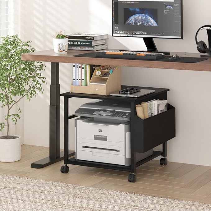 Lerliuo Large Printer Stand with Storage Shelf, 23.6 x 23.6 x 22.8 Industrial Printer Table for Home Office, Rolling Printer Cart Holder with Lockable Wheels, Mobile Mini Fridge Stand Table (Black)