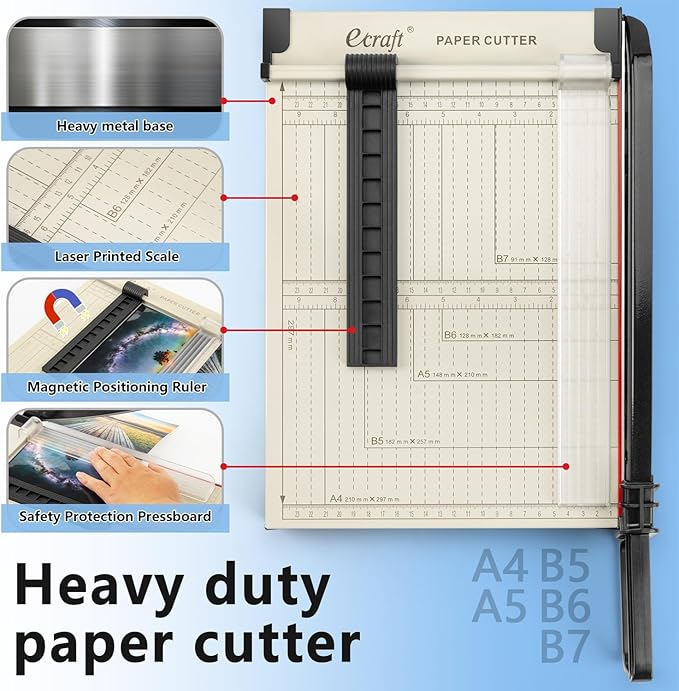 Ecraft 12" Guillotine Paper Cutter:Paper Trimmer Accurate Cutting with Safety Guard,15 Sheets Capacity,Magnetic Guide,Heavy Duty Metal Base, Perfect for Cardstock,Cardboard,Vinyl,Crafts & Photos