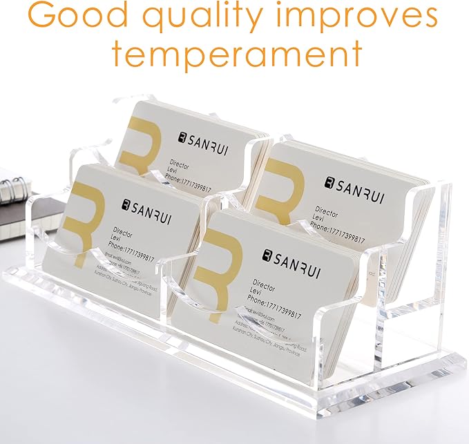 SANRUI Clear Horizontal Business Card Holder Stand for Desk, Acrylic Desktop Display Name Cards Holders Organizer Storage Rack,for Exhibition, Home , Office ,2 Tier 4 Pocket, 240 Card Capacity