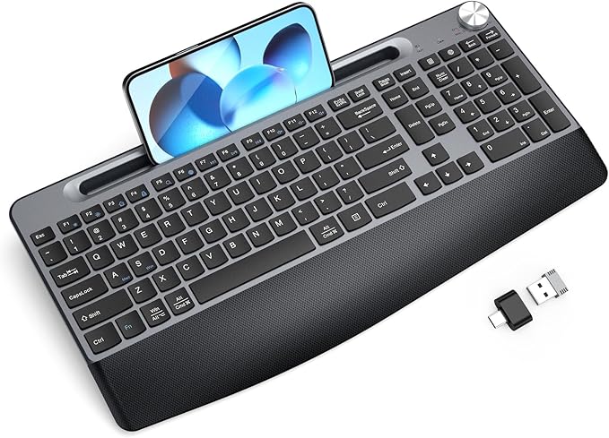 Ergonomic Wireless Keyboard with Wrist Rest-Low-Profile,Phone/Tablet Holder,Quiet Design,Windows & Mac OS,Full Size Cordless USB Computer Keyboard for Desktop,Laptop, PC, Mac, Windows-Black