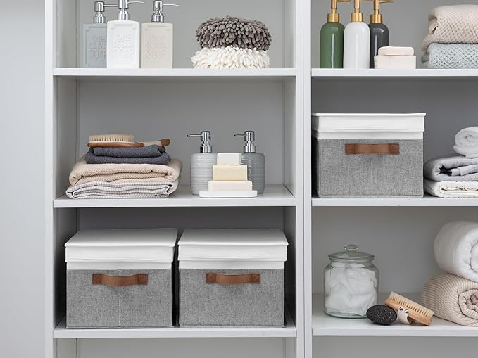 StorageWorks Large Storage Bins with Lids, Decorative Storage Boxes with Lid and PU Handles, Foldable Storage Baskets for Closet, Shelves, Stackable, Grey and White, 3-Pack