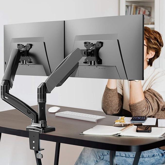 WALI Dual Monitor Mount, Monitor Arms for 2 Monitors Fully Adjustable Gas Spring Desk Mount Swivel Mounting Holes Bracket with C Clamp, Grommet Base for Display Up to 32 Inch 19.8lbs (GSMP002), Black
