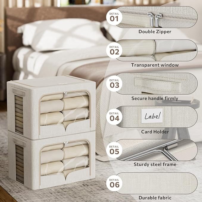 FHSQX 3 Pack Clothes Storage Bins Foldable Metal Frame Storage Box Stackable Linen Fabric Organizer Set with Carrying Handles and Clear Window (Beige, 15.7x11.8x11.8inch(36L))