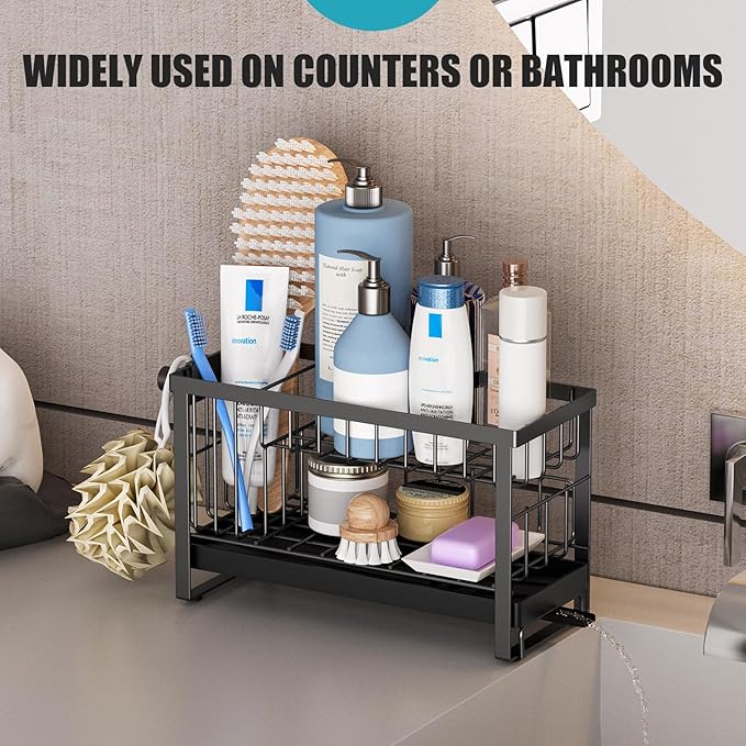 Sponge Holder for Kitchen Sink with Flexible Sponge Holder Smiley Face,2 Tier Kitchen Sink Organizer Countertop and Storage Essentials,Soap Dispenser Organize,Home Decor Accessories-Black